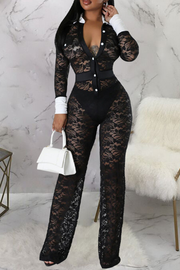 Black Sexy Lace Patchwork Buckle See-through Contrast Turndown Collar Skinny Jumpsuits