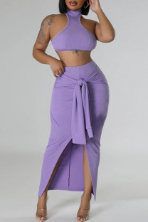 Purple Casual Solid Bandage Patchwork Backless Slit Turtleneck Sleeveless Two Pieces