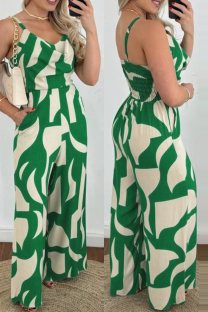 Green Casual Print Patchwork Backless Spaghetti Strap Regular Jumpsuits