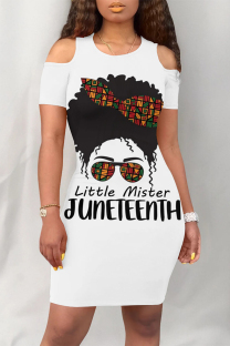 White Black Casual Letter Print Flowers O Neck Printed Dresses
