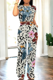 Light Yellow Casual Geometric Print Contrast O Neck Short Sleeve Two Pieces