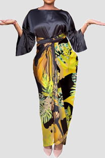 Black Elegant Print Bandage Patchwork Fold O Neck Plus Size Two Pieces