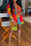Orange Red Casual Print Patchwork Turndown Collar Long Sleeve Two Pieces
