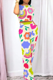 Light Yellow Casual Geometric Print Contrast O Neck Short Sleeve Two Pieces