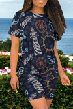 Blue Casual Print Patchwork O Neck Short Sleeve Two Pieces