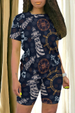 Blue Casual Print Patchwork O Neck Short Sleeve Two Pieces
