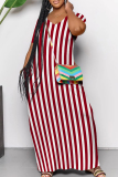 Coffee Casual Striped Patchwork Pocket V Neck Long Dresses