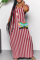 Burgundy Casual Striped Patchwork Pocket V Neck Long Dresses