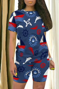 Blue Casual Print Patchwork O Neck Short Sleeve Two Pieces