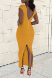 Black Casual Solid Backless Slit V Neck Long Dresses