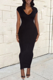 Black Casual Solid Backless Slit V Neck Long Dresses