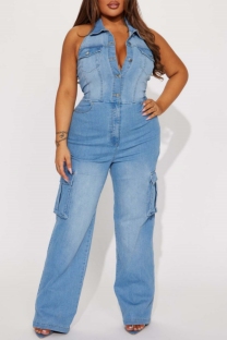 Light Blue Casual Solid Patchwork Backless Halter Sleeveless Skinny Denim Jumpsuits