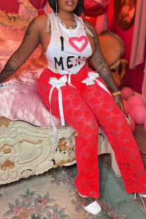 Red Sexy Print Lace Hollowed Out Patchwork With Bow O Neck Sleeveless Two Pieces