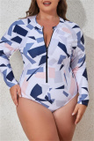 Green Sexy Print Patchwork Zipper O Neck Plus Size Swimwear (With Paddings)
