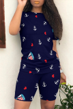 Blue Casual Print Patchwork O Neck Short Sleeve Two Pieces