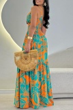 Green Sexy Print Backless Slit Spaghetti Strap Long Dresses