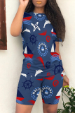 Blue Casual Print Patchwork O Neck Short Sleeve Two Pieces