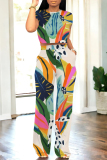 Light Yellow Casual Geometric Print Contrast O Neck Short Sleeve Two Pieces