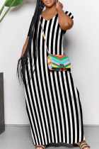 Black Casual Striped Patchwork Pocket V Neck Long Dresses