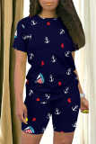 Blue Casual Print Patchwork O Neck Short Sleeve Two Pieces