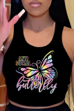 Black Street Print Patchwork O Neck Tops