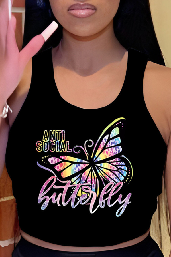 Black Street Print Patchwork O Neck Tops