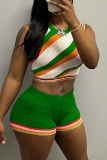 Green Casual Patchwork Basic O Neck Sleeveless Two Pieces