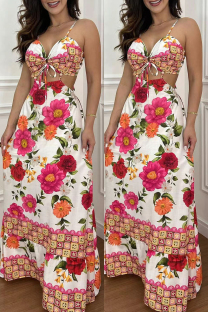 White Sexy Print Bandage Backless Spaghetti Strap Long Dresses