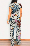 Light Yellow Casual Geometric Print Contrast O Neck Short Sleeve Two Pieces