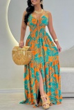 Green Sexy Print Backless Slit Spaghetti Strap Long Dresses