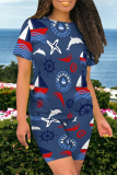 Blue Casual Print Patchwork O Neck Short Sleeve Two Pieces