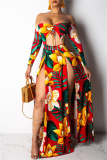 Navy Blue Sexy Print Hollowed Out Feathers Backless Off the Shoulder Long Dresses