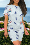Blue Casual Print Patchwork O Neck Short Sleeve Two Pieces