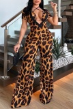 Brown Sexy Print Leopard Bandage Short Sleeve Two Pieces