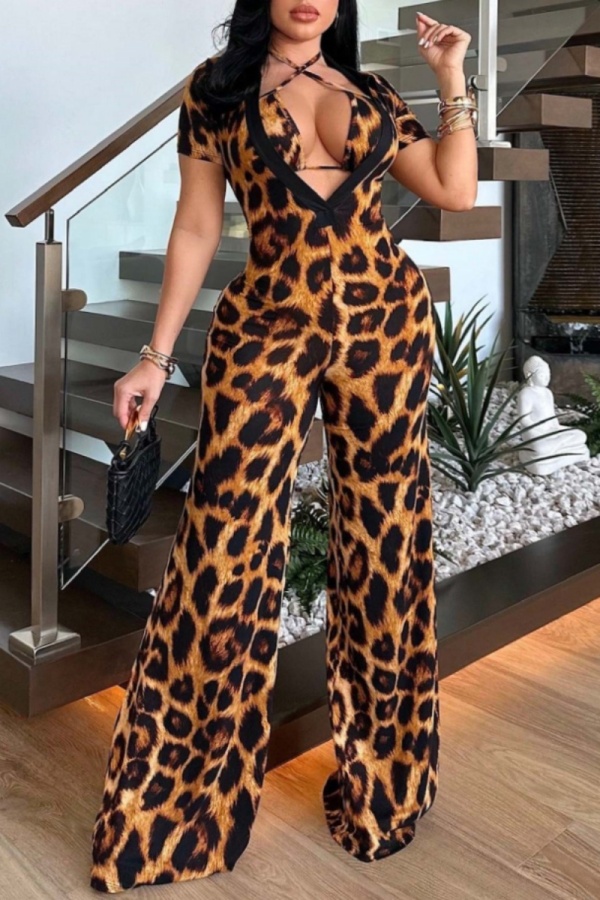 Brown Sexy Print Leopard Bandage Short Sleeve Two Pieces