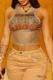Brown Sexy Street Print Patchwork O Neck Tops