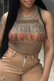 Brown Sexy Street Print Patchwork O Neck Tops