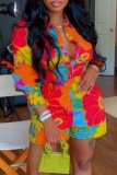 Orange Red Casual Print Patchwork Turndown Collar Long Sleeve Two Pieces