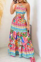 Pink Sexy Casual Print Bandage Backless Halter Sleeveless Two Pieces