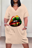 Colour Casual Letter Eyes Printed Lips Pocket V Neck Short Sleeve Plus Size Dresses