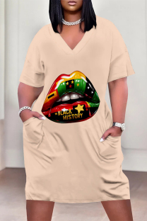 Light Pink Casual Letter Eyes Printed Lips Pocket V Neck Short Sleeve Plus Size Dresses