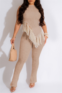 Khaki Casual Solid Tassel Patchwork Asymmetrical O Neck Sleeveless Two Pieces