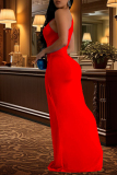Red Elegant Solid Patchwork Fold Oblique Collar Long Dresses