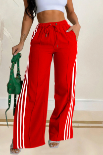 Red Casual Patchwork Draw String Pocket Contrast Loose Mid Waist Wide Leg Patchwork Bottoms