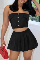 Black Sexy Casual Solid Backless Strapless Sleeveless Two Pieces