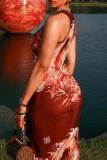 Red Street Print Patchwork O Neck Long Dresses