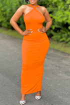 Orange Sexy Solid Patchwork Backless Slit Halter Long Dresses