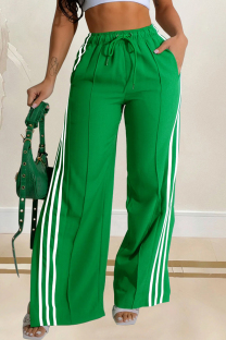 Green Casual Patchwork Draw String Pocket Contrast Loose Mid Waist Wide Leg Patchwork Bottoms