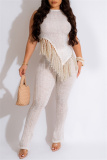 Pink Casual Solid Tassel Patchwork Asymmetrical O Neck Sleeveless Two Pieces