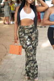 Camouflage Casual Camouflage Print Patchwork Buttons Zipper Loose Mid Waist Straight Full Print Bottoms